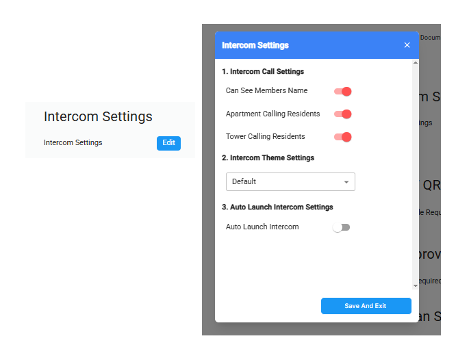 DoorVi admin panel — Intercom Settings popup showing Call Settings, Theme Settings, and Auto Launch Intercom options