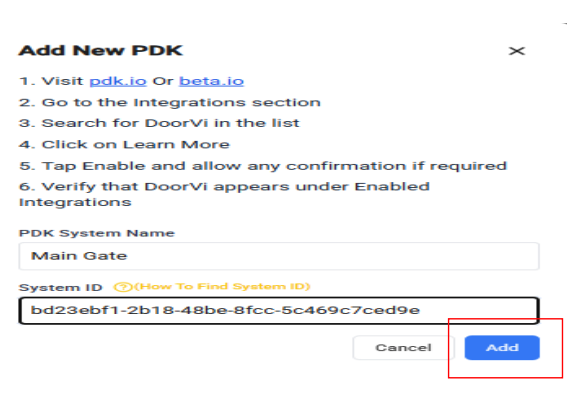 Add New PDK form with System ID filled in and Add button highlighted