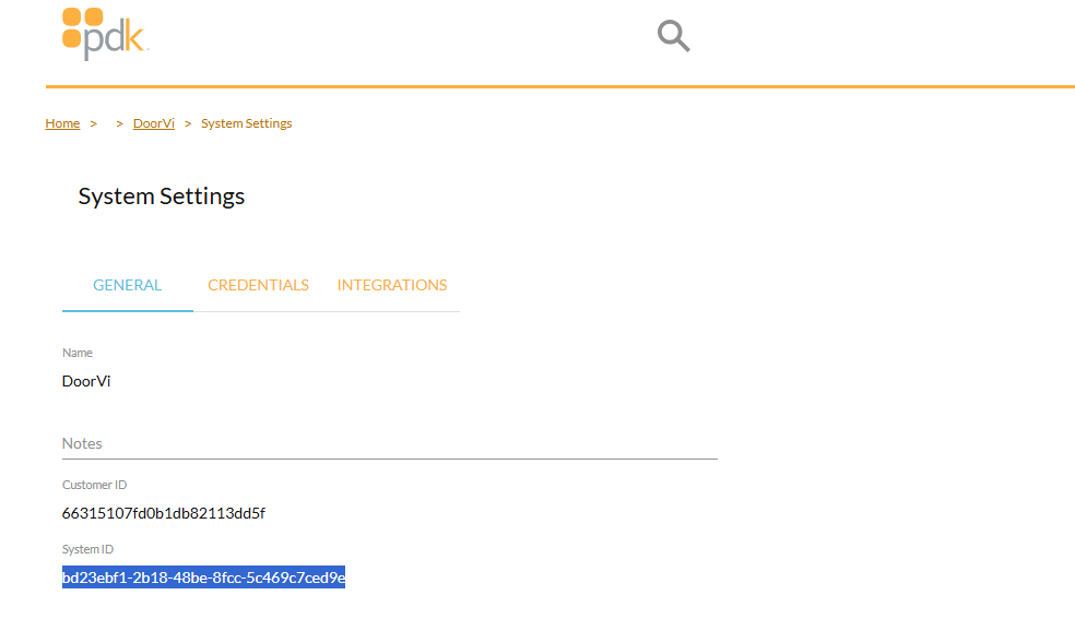 PDK System Settings General tab showing Customer ID and System ID fields
