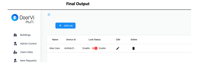 DoorVi building lock list showing newly added lock with Enable toggle active