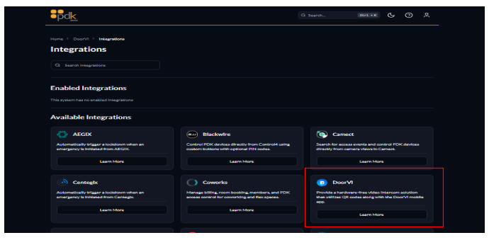 PDK Available Integrations page showing DoorVi card with Learn More button