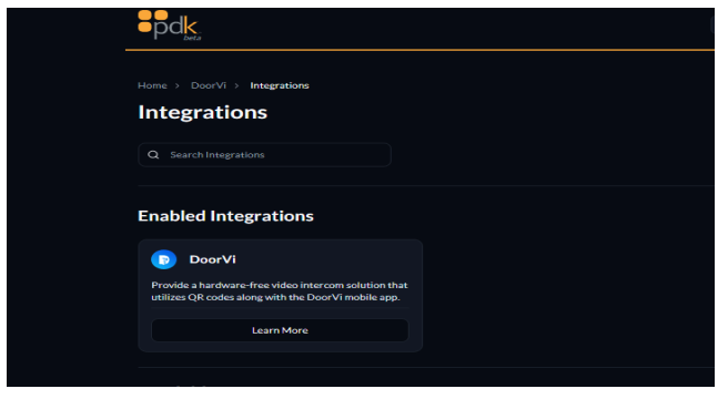 PDK Integrations page showing DoorVi listed under Enabled Integrations
