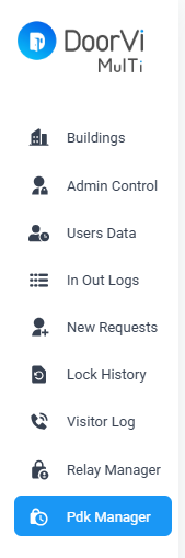 DoorVi MulTi side menu showing Buildings, Admin Control, Users Data, New Requests, Lock History, Visitor Log, Relay Manager, PDK Manager