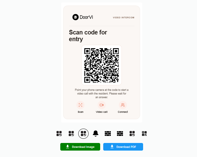 DoorVi admin panel — QR code design screen with Download Image and Download PDF options