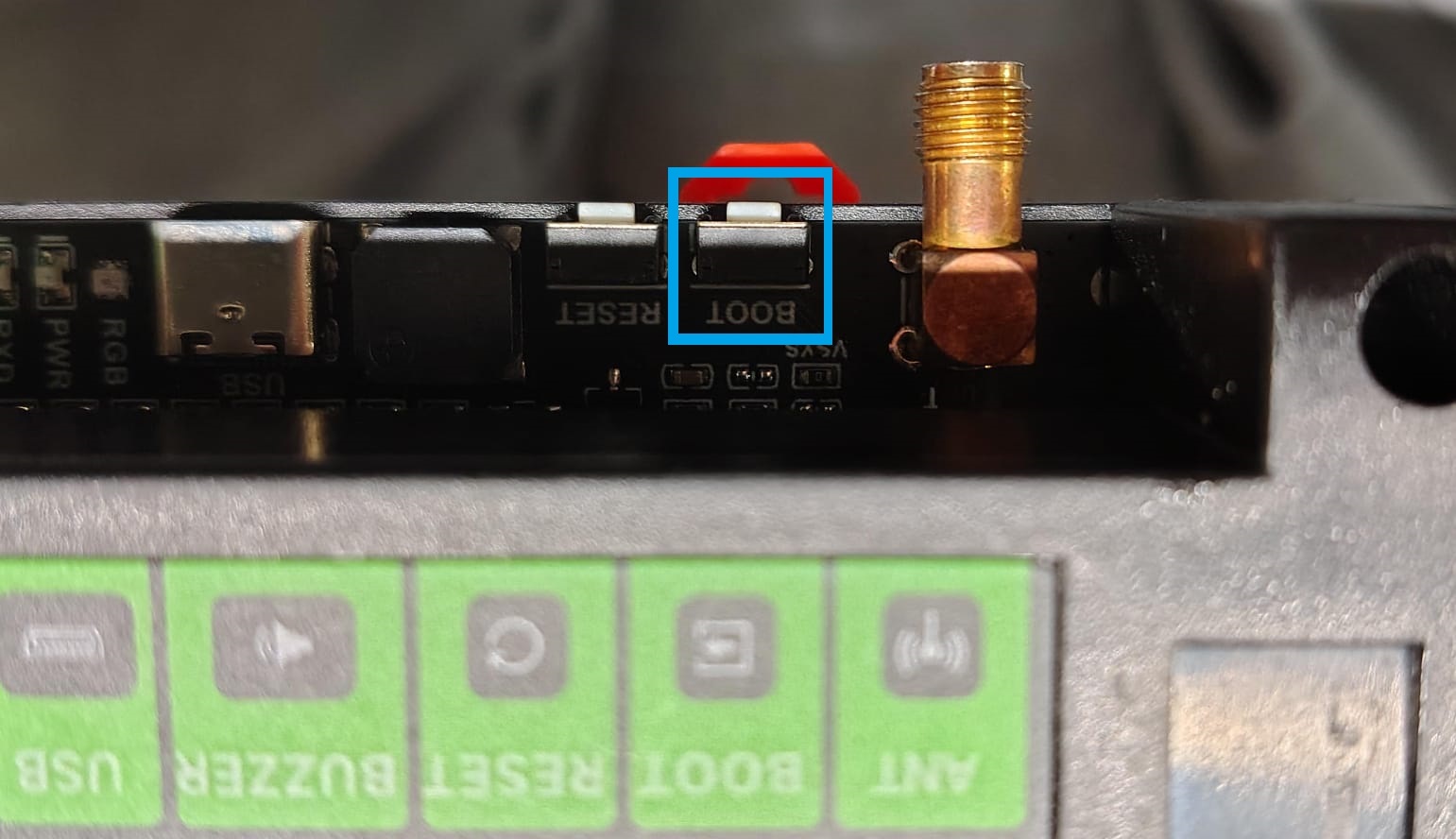 ESP32-S3 relay board with the BOOT button highlighted inside a blue rectangle