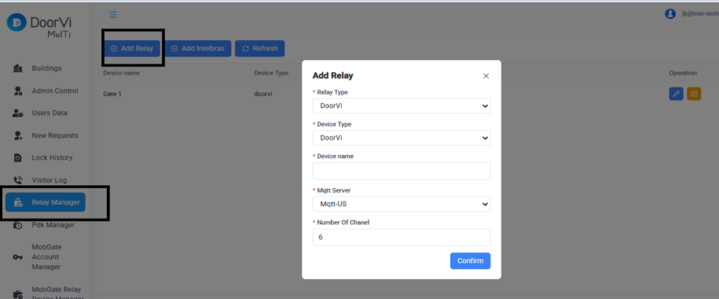 DoorVi MulTi Relay Manager showing Add Relay form with DoorVi type, device name, MQTT server and 6 channels