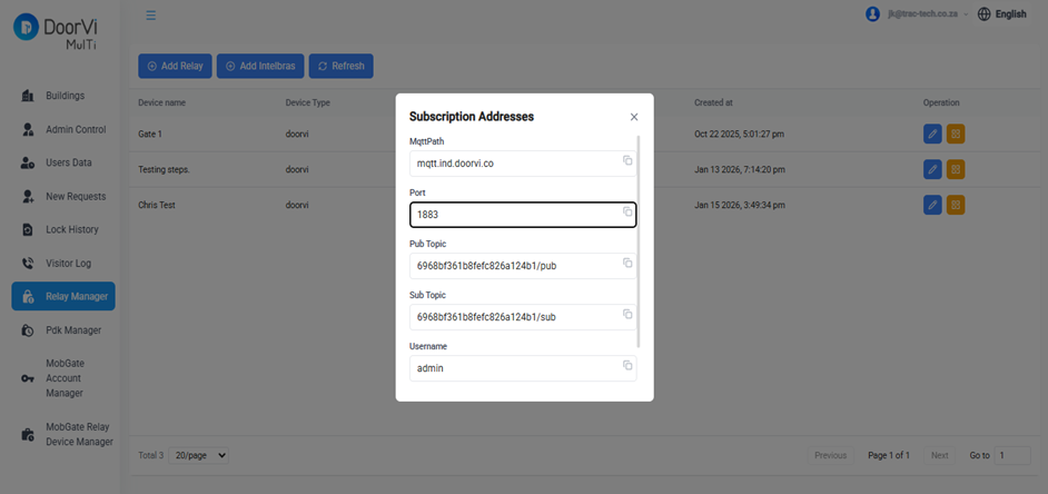 DoorVi Relay Manager showing Subscription Addresses popup with MQTT Pub Topic, Sub Topic, Username and Password