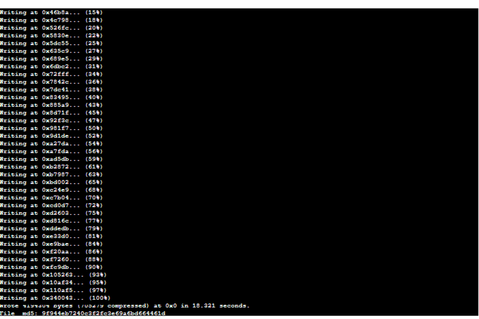 ESP Tool console showing Writing progress from 15% to 100% completion