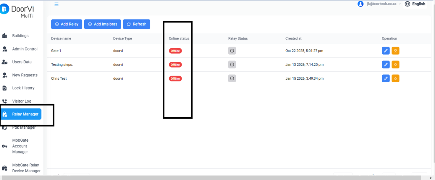DoorVi MulTi Relay Manager showing device list with Online Status, Relay Status and Operation columns